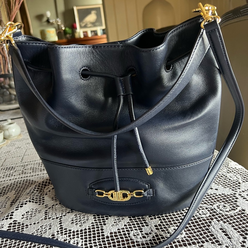Navy Lauren Ralph Lauren  Leather Bucket Bag